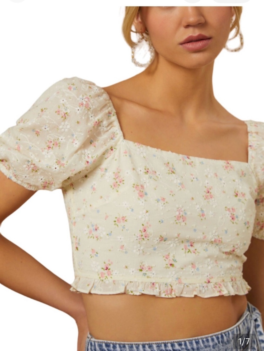 Altar'd State Cream Floral Square-Neck Crop Top with Puff Sleeves